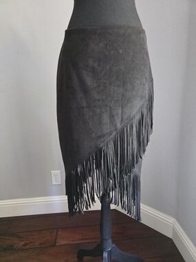 Express Black Faux Suede Fringe Asymmetrical Skirt - Size 10